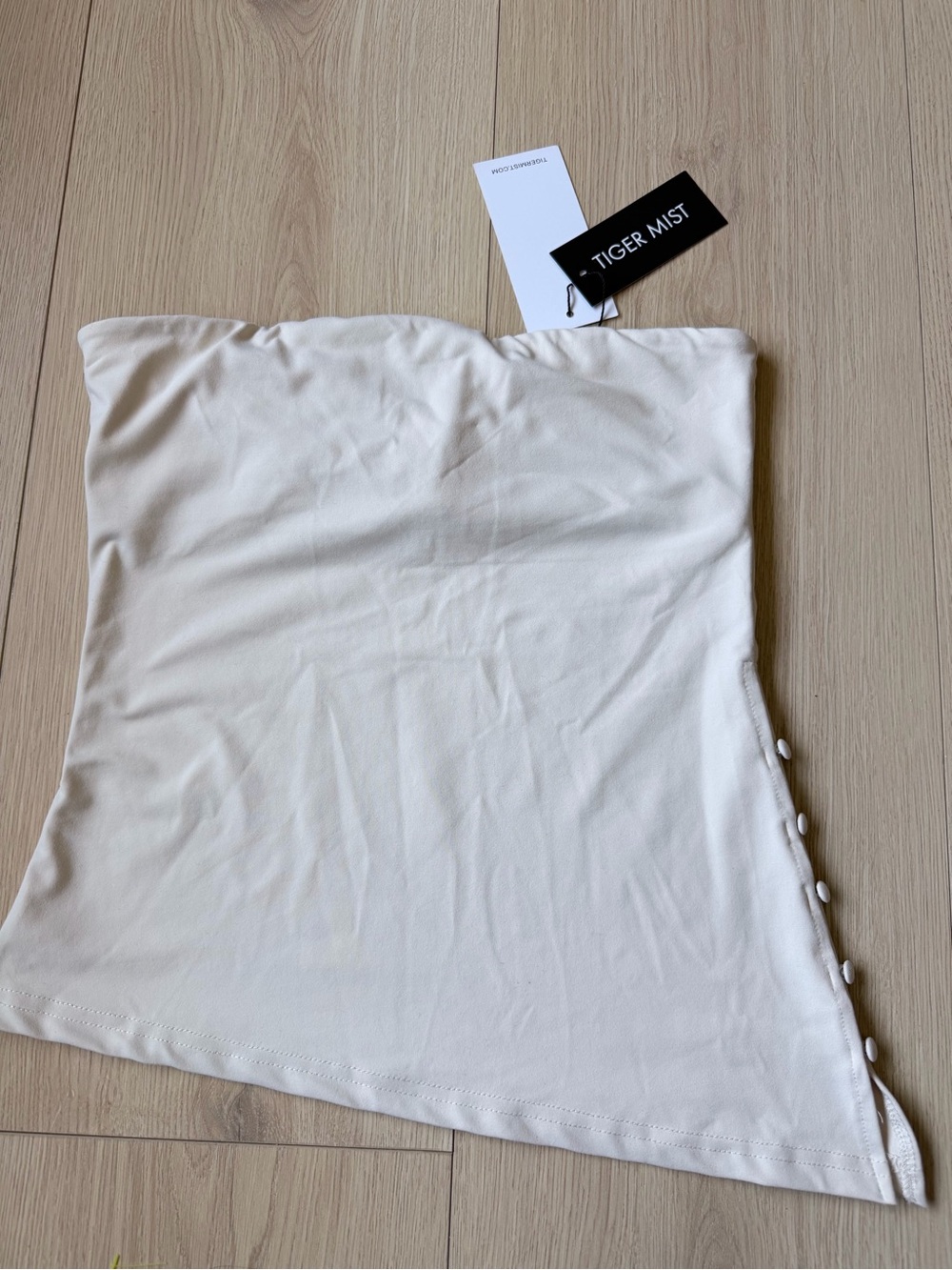 Tiger Mist Off-White Strapless Side-Button Crop Top